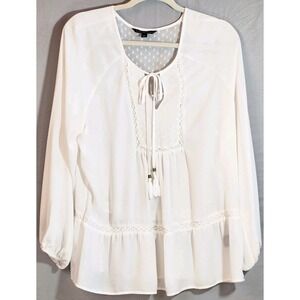 Signature Studio Blouse Women's Lg. Boho Cream Peasant Sleeve Embroidery Crochet